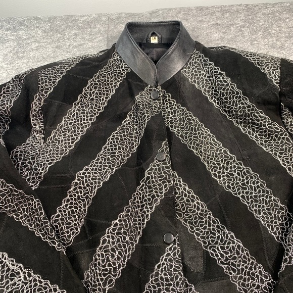 Leather Band‎ Collar Womens 1X Silver Embroidery Mid Length Coat - Picture 2 of 8